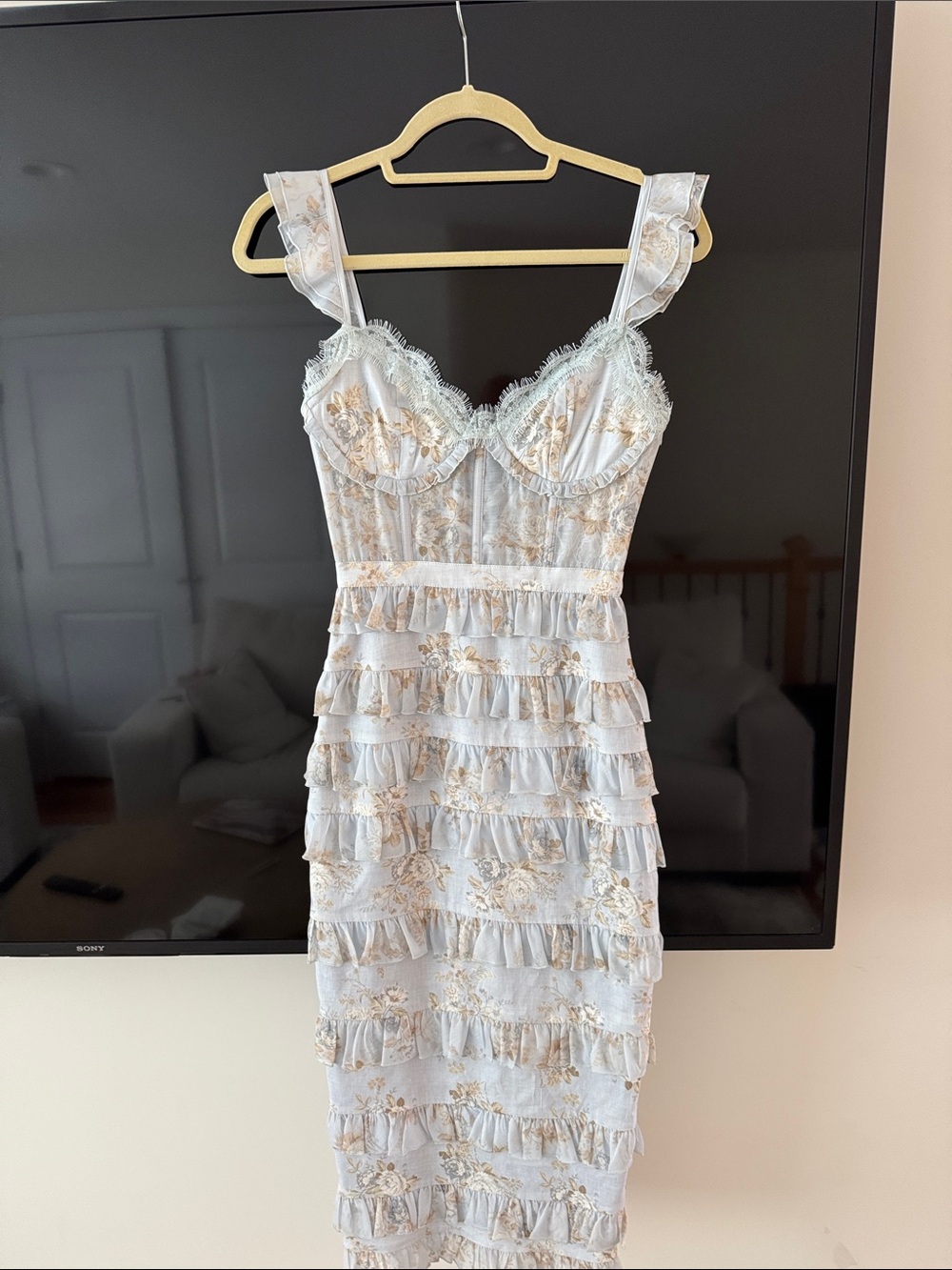 V. Chapman Light Blue Lace & Ruffle Midi Dress